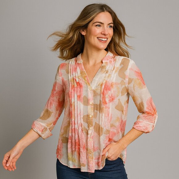 Ruby Rd Petite Small White Pink Floral Pleated Sheer Button Blouse Romantic Prep - Picture 1 of 7